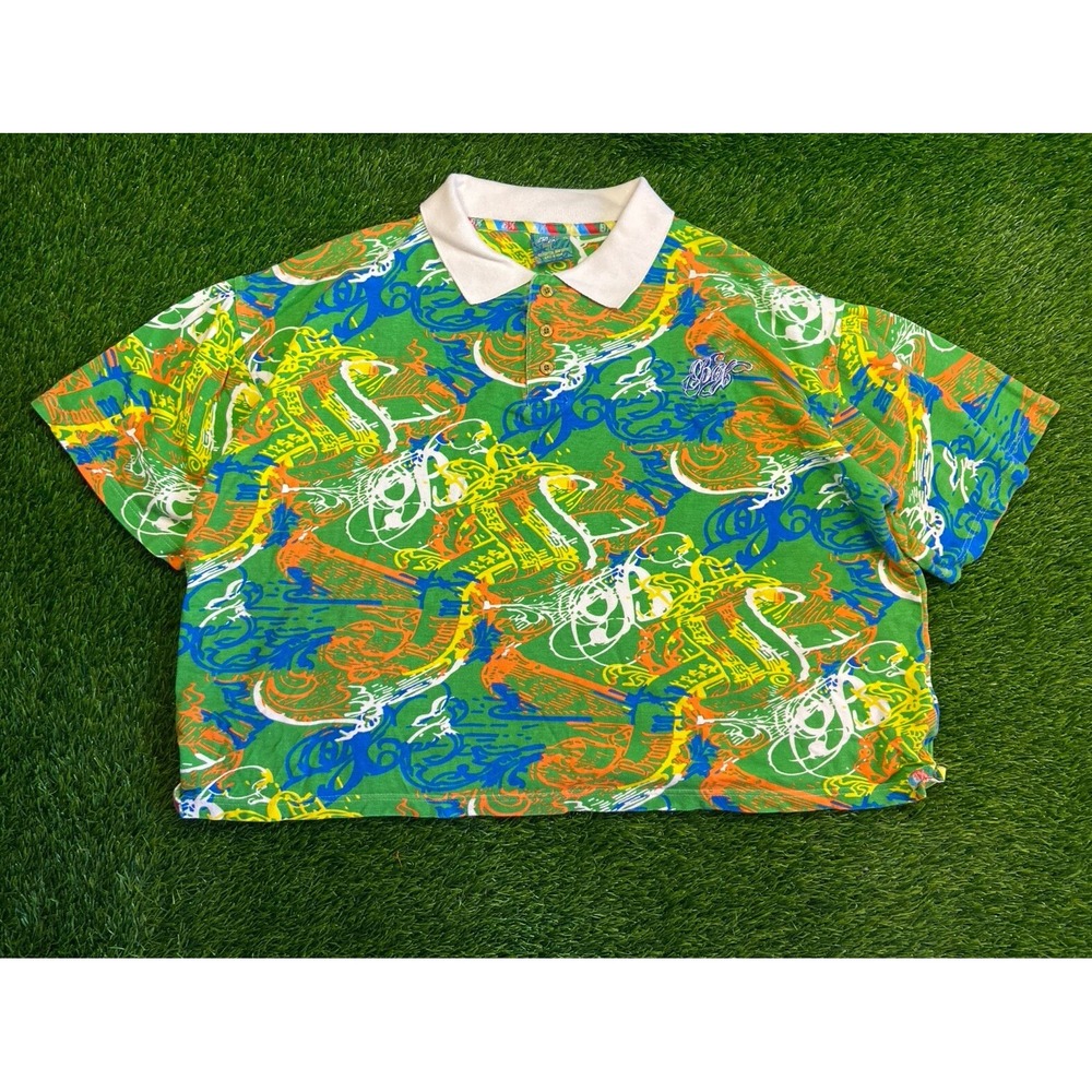 Y2K Brooklyn Xpress BX Streetwear Mens Polo Shirt Multicolor All Over Print Sz L